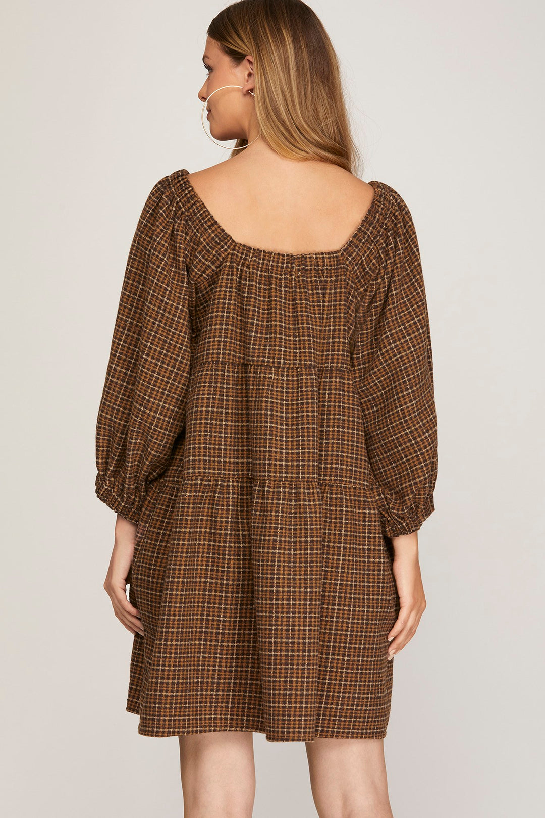 3/4 SLEEVE WOVEN PLAID TIERED DRESS WITH SIDE POCKETS
