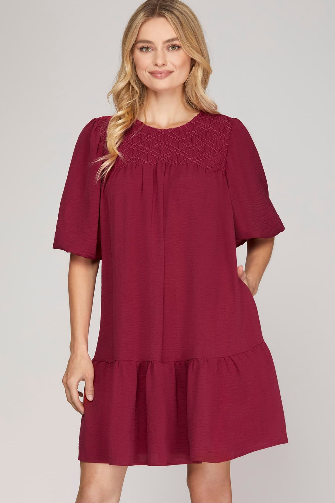 BALLOON SLEEVE SMOCKED WOVEN DRESS WITH SIDE POCKETS