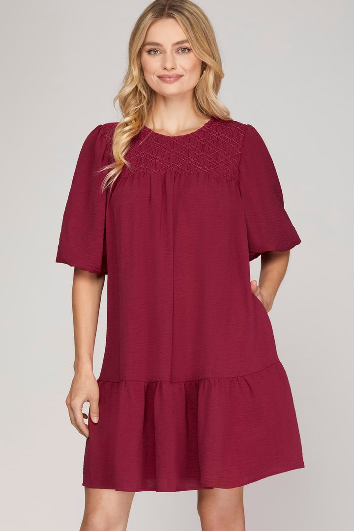 BALLOON SLEEVE SMOCKED WOVEN DRESS WITH SIDE POCKETS