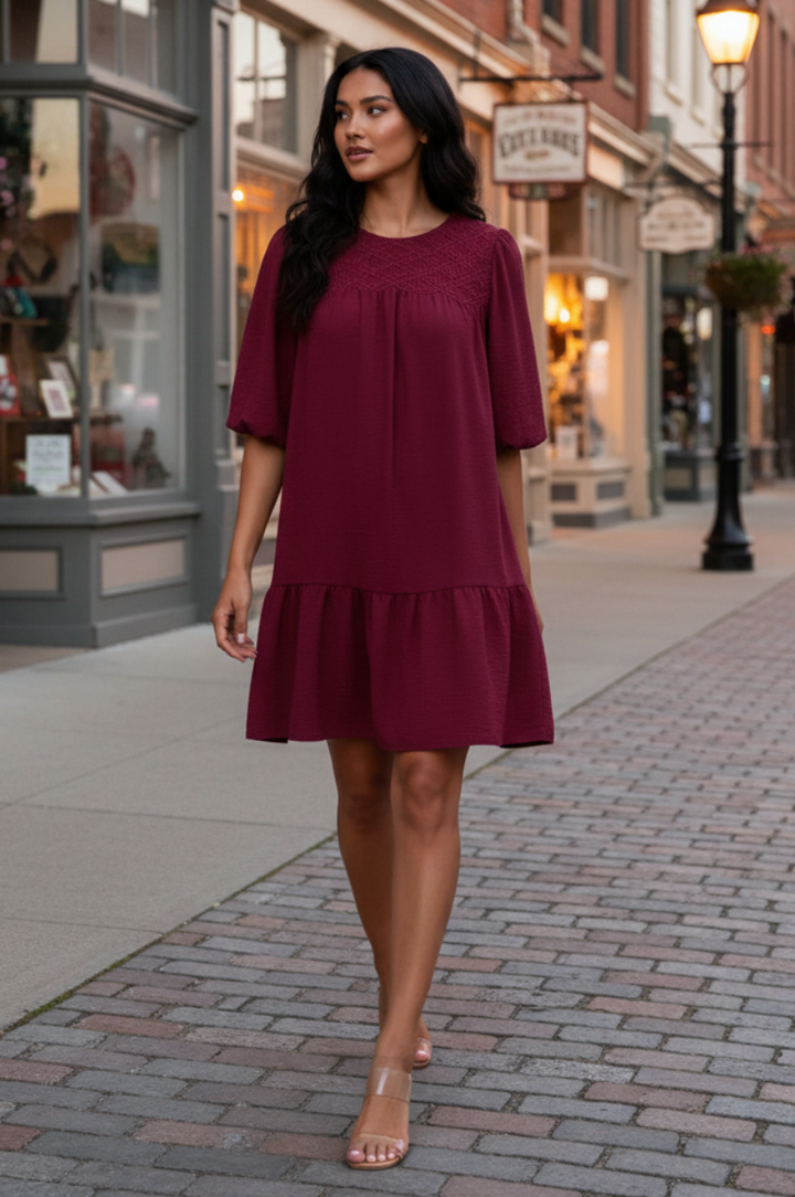 BALLOON SLEEVE SMOCKED WOVEN DRESS WITH SIDE POCKETS-SKSY7341. (Copy)