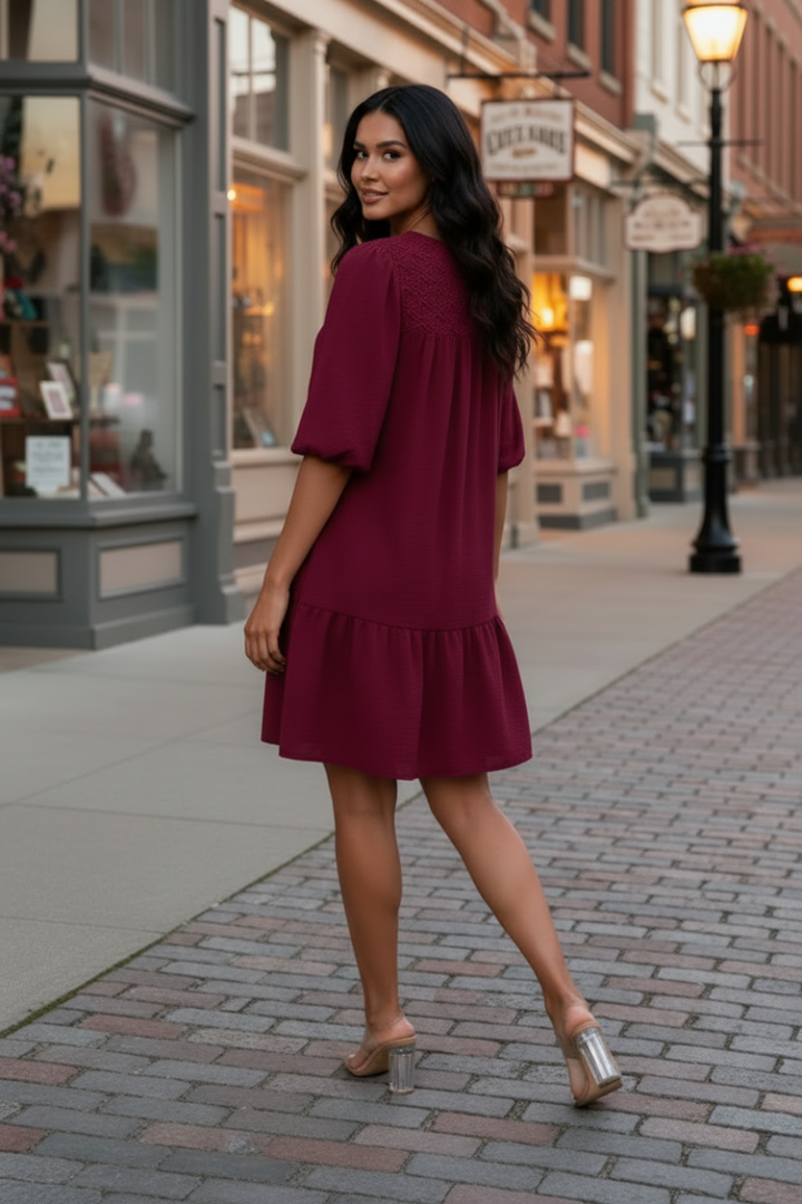 BALLOON SLEEVE SMOCKED WOVEN DRESS WITH SIDE POCKETS-SKSY7341. (Copy)