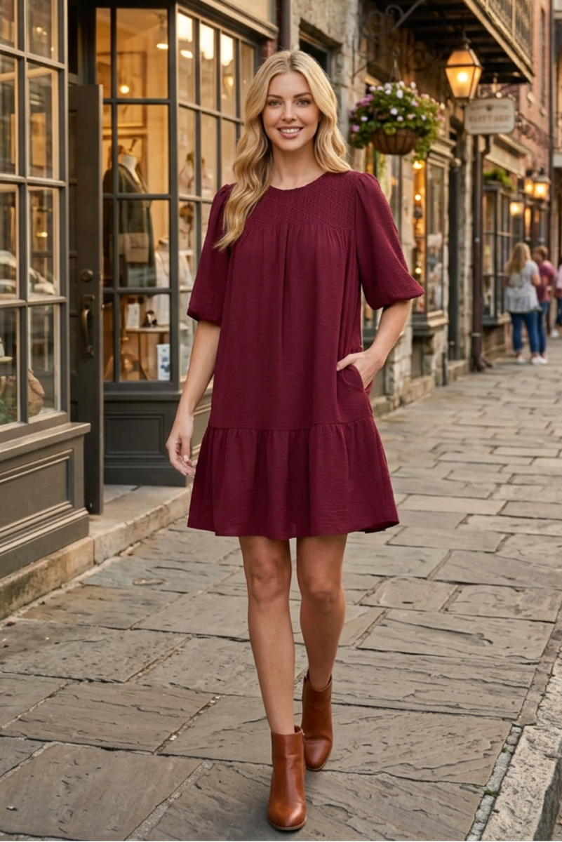 BALLOON SLEEVE SMOCKED WOVEN DRESS WITH SIDE POCKETS-SKSY7341.