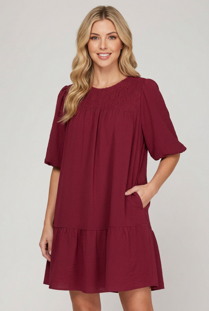 BALLOON SLEEVE SMOCKED WOVEN DRESS WITH SIDE POCKETS-SKSY7341.