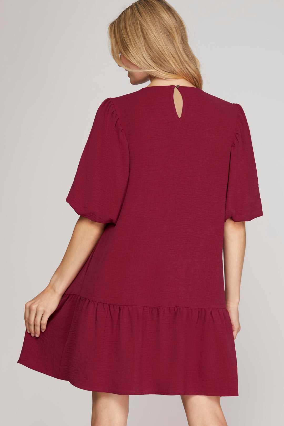 BALLOON SLEEVE SMOCKED WOVEN DRESS WITH SIDE POCKETS