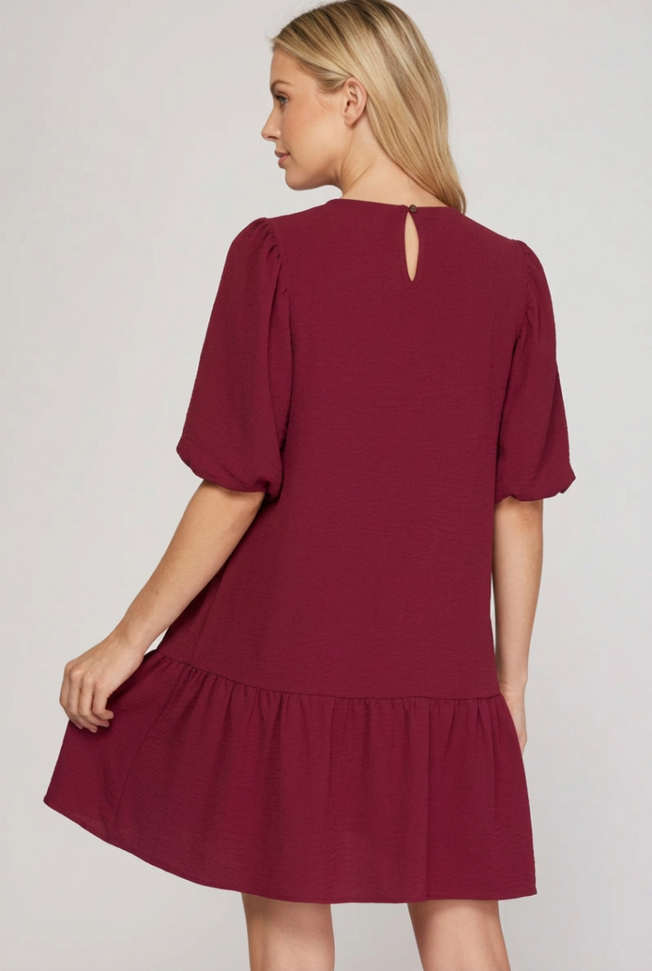 BALLOON SLEEVE SMOCKED WOVEN DRESS WITH SIDE POCKETS-SKSY7341.