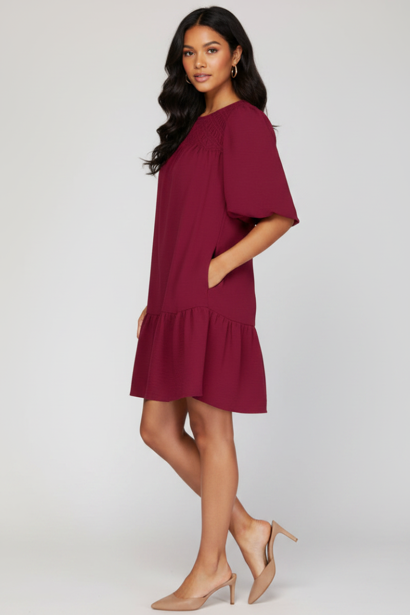 BALLOON SLEEVE SMOCKED WOVEN DRESS WITH SIDE POCKETS-SKSY7341.