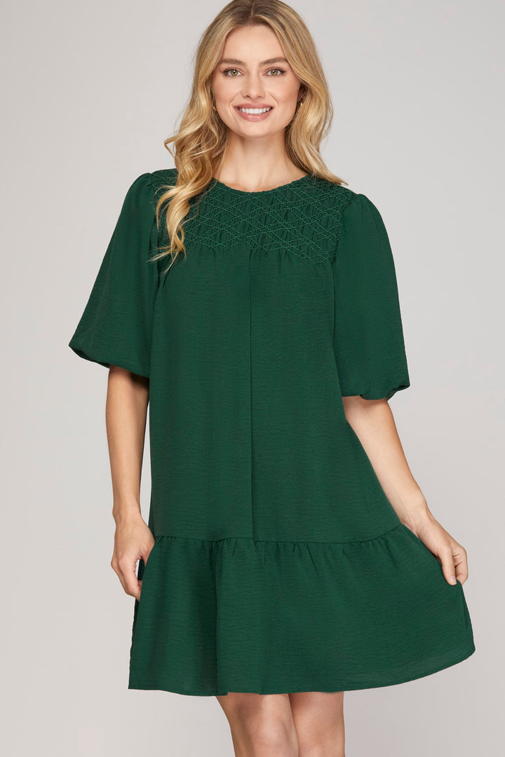 BALLOON SLEEVE SMOCKED WOVEN DRESS WITH SIDE POCKETS
