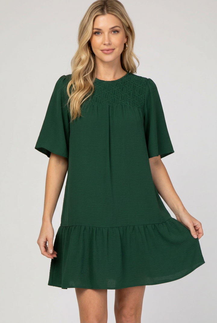 BALLOON SLEEVE SMOCKED WOVEN DRESS WITH SIDE POCKETS-SKSY7341.