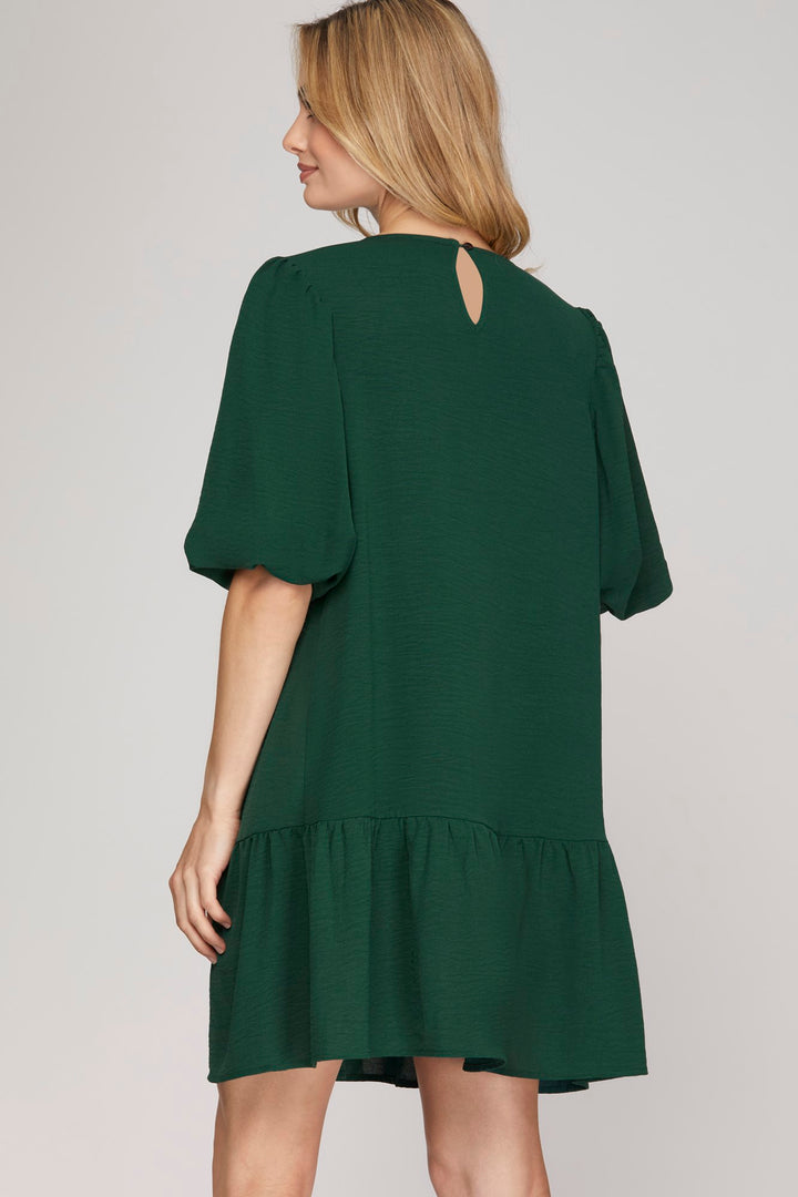 BALLOON SLEEVE SMOCKED WOVEN DRESS WITH SIDE POCKETS