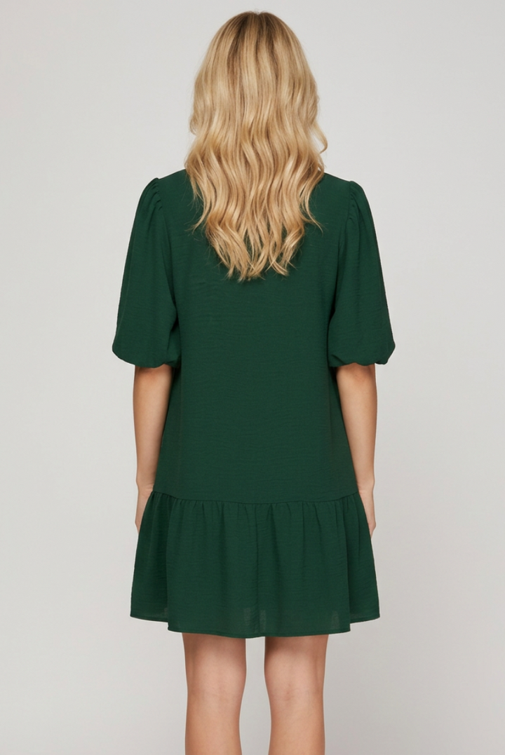 BALLOON SLEEVE SMOCKED WOVEN DRESS WITH SIDE POCKETS-SKSY7341.
