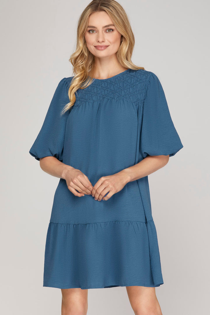 BALLOON SLEEVE SMOCKED WOVEN DRESS WITH SIDE POCKETS