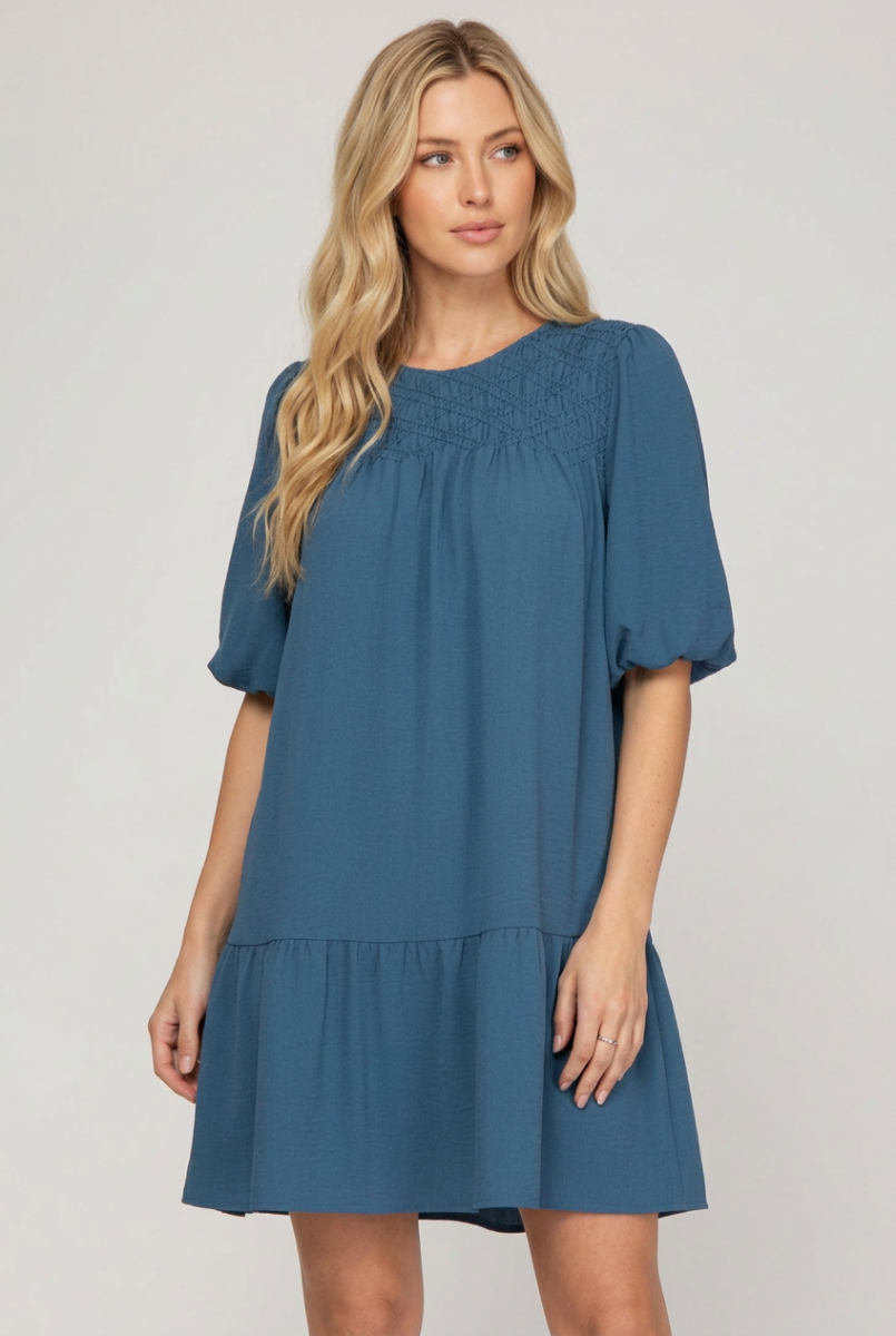 BALLOON SLEEVE SMOCKED WOVEN DRESS WITH SIDE POCKETS-SKSY7341.
