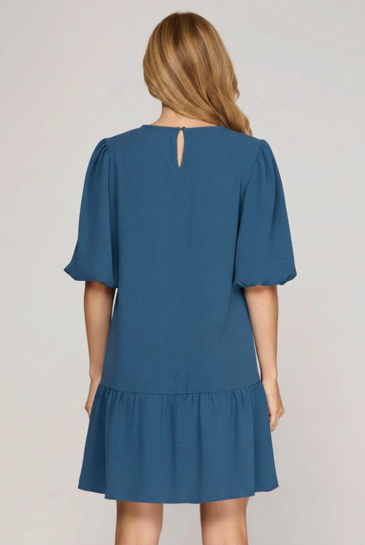 BALLOON SLEEVE SMOCKED WOVEN DRESS WITH SIDE POCKETS-SKSY7341.