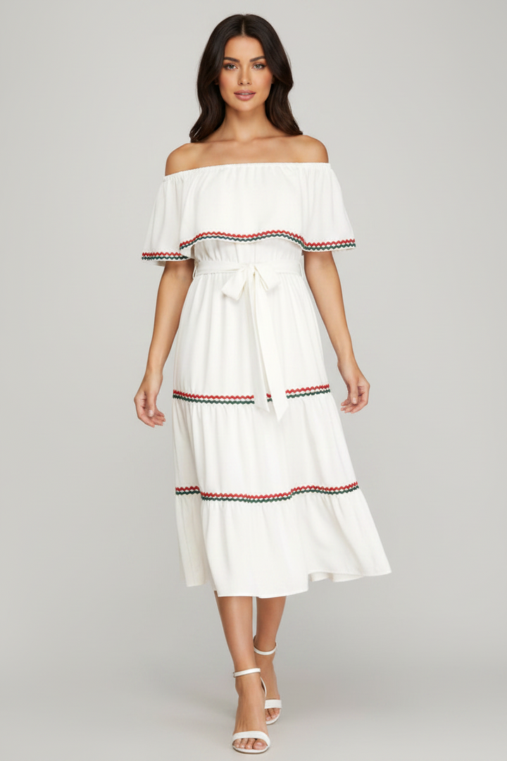 OFF SHOULDER TIERED WOVEN MIDI DRESS WITH CONTRAST RIC RAC TRIM. SKSY7529