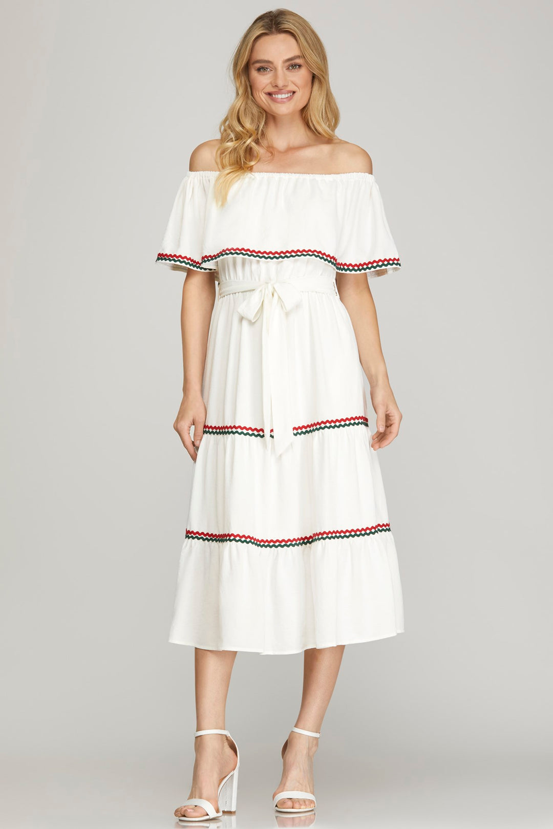 OFF SHOULDER TIERED WOVEN MIDI DRESS WITH CONTRAST RIC RAC TRIM