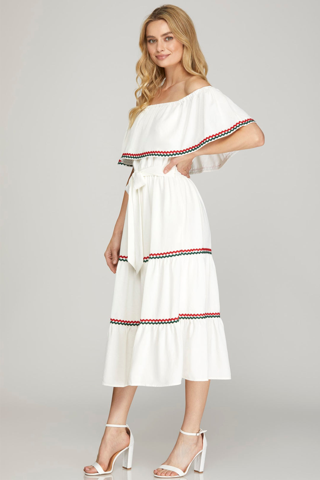OFF SHOULDER TIERED WOVEN MIDI DRESS WITH CONTRAST RIC RAC TRIM