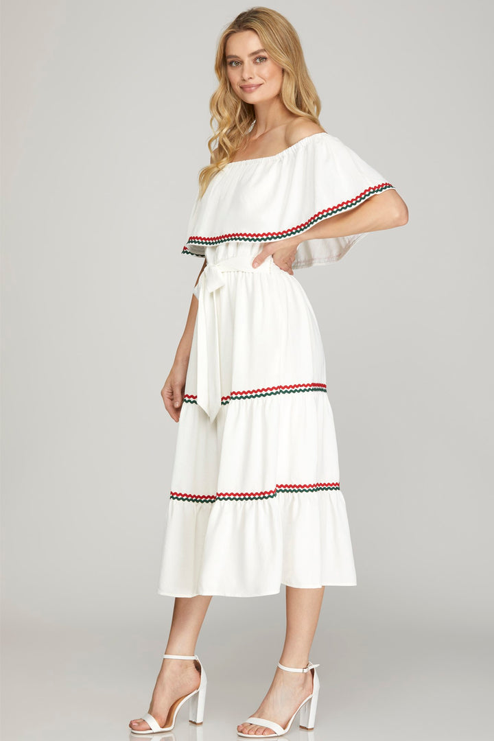 OFF SHOULDER TIERED WOVEN MIDI DRESS WITH CONTRAST RIC RAC TRIM