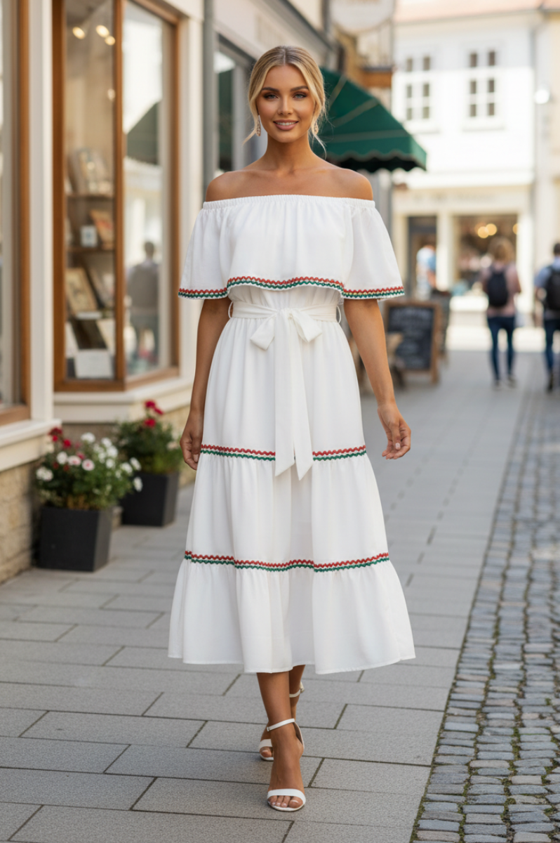 OFF SHOULDER TIERED WOVEN MIDI DRESS WITH CONTRAST RIC RAC TRIM. SKSY75298*