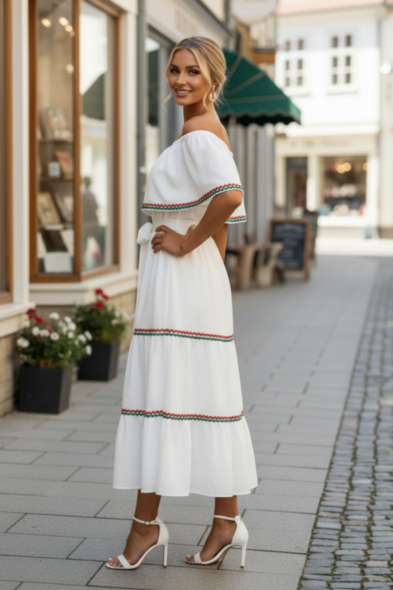 OFF SHOULDER TIERED WOVEN MIDI DRESS WITH CONTRAST RIC RAC TRIM. SKSY75298*
