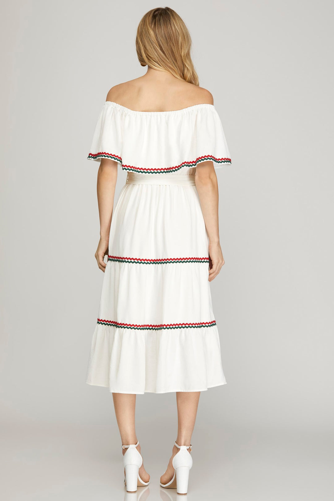 OFF SHOULDER TIERED WOVEN MIDI DRESS WITH CONTRAST RIC RAC TRIM