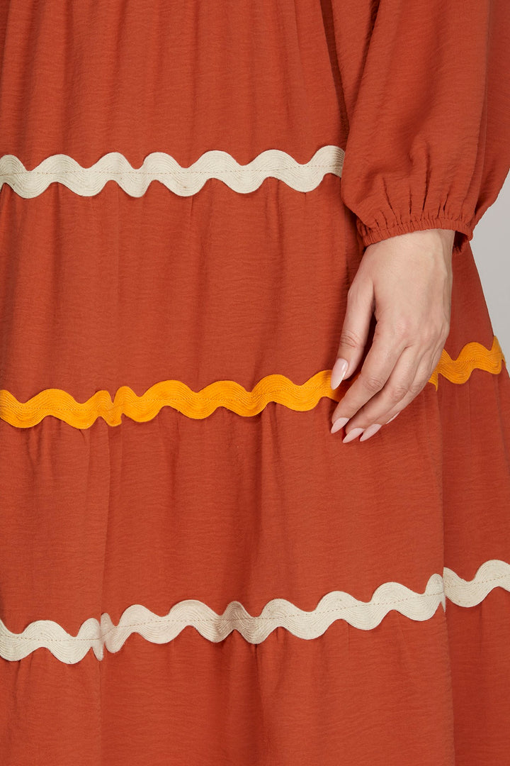 PLUS - LONG SLEEVE WOVEN TIERED RIC RAC TRIM DRESS