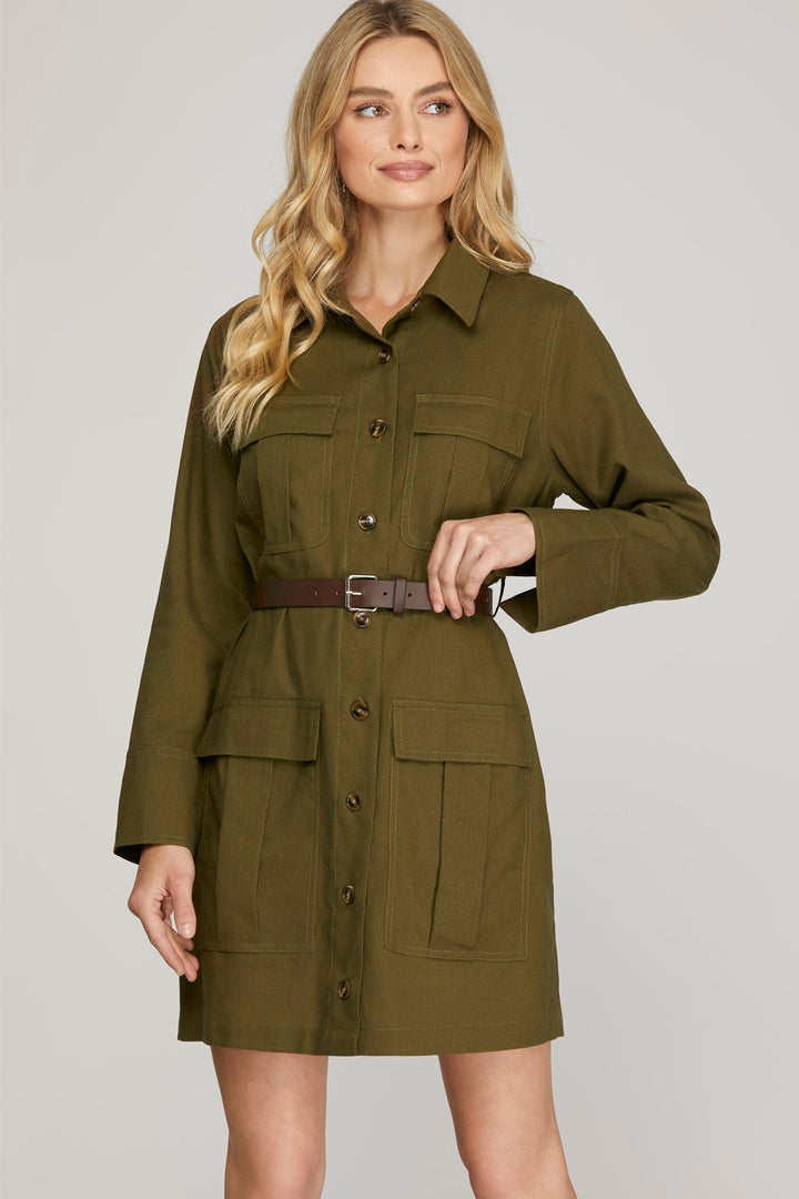 LONG SLEEVE WOVEN UTILITY DRESS WITH BELT