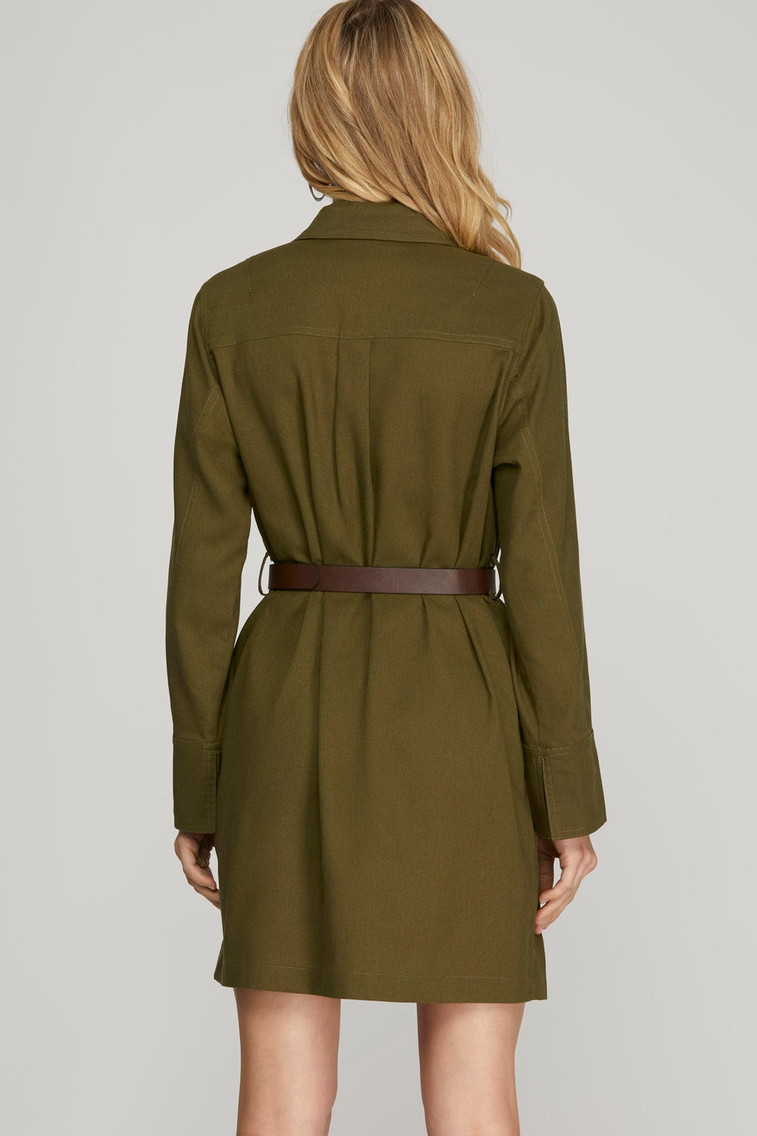 LONG SLEEVE WOVEN UTILITY DRESS WITH BELT