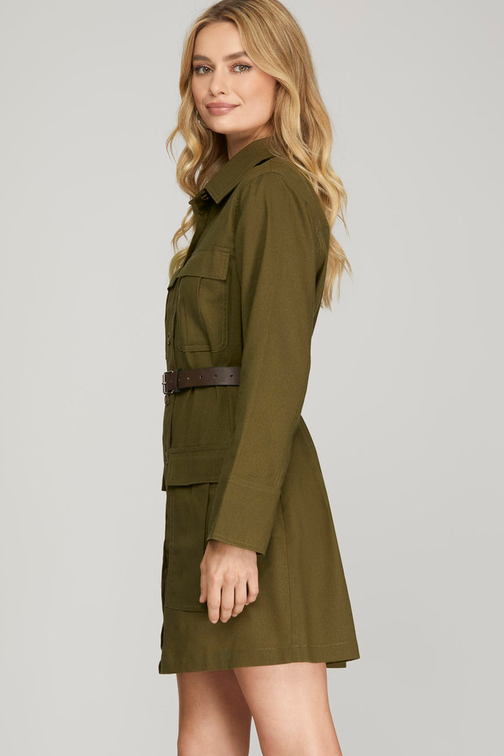 LONG SLEEVE WOVEN UTILITY DRESS WITH BELT