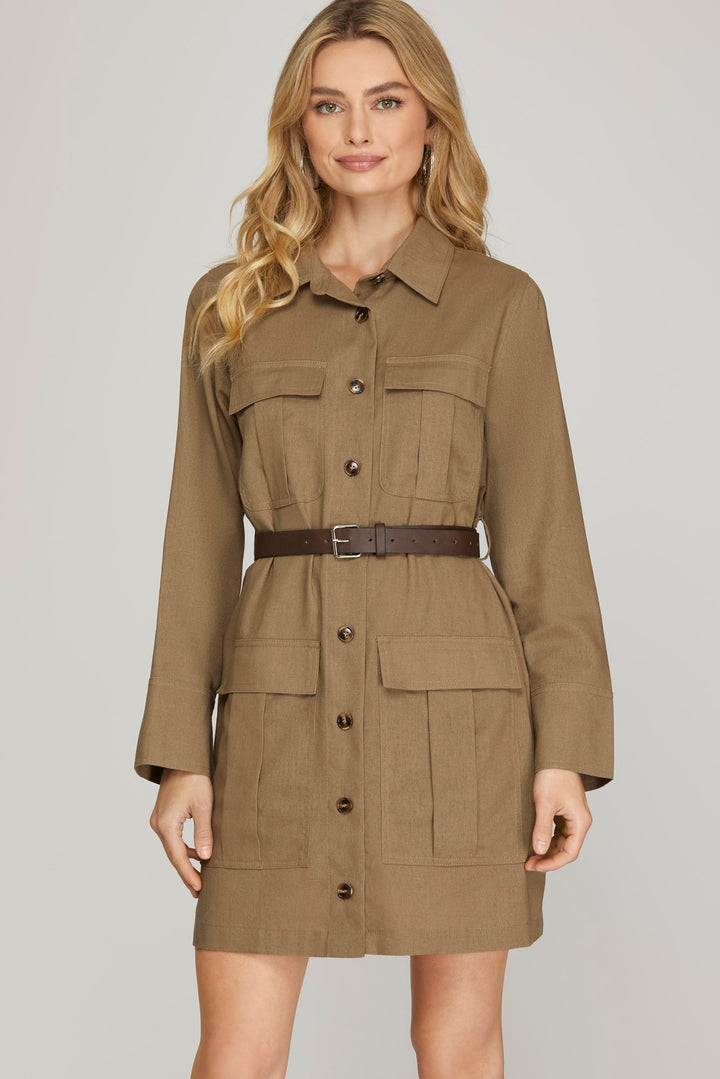 LONG SLEEVE WOVEN UTILITY DRESS WITH BELT