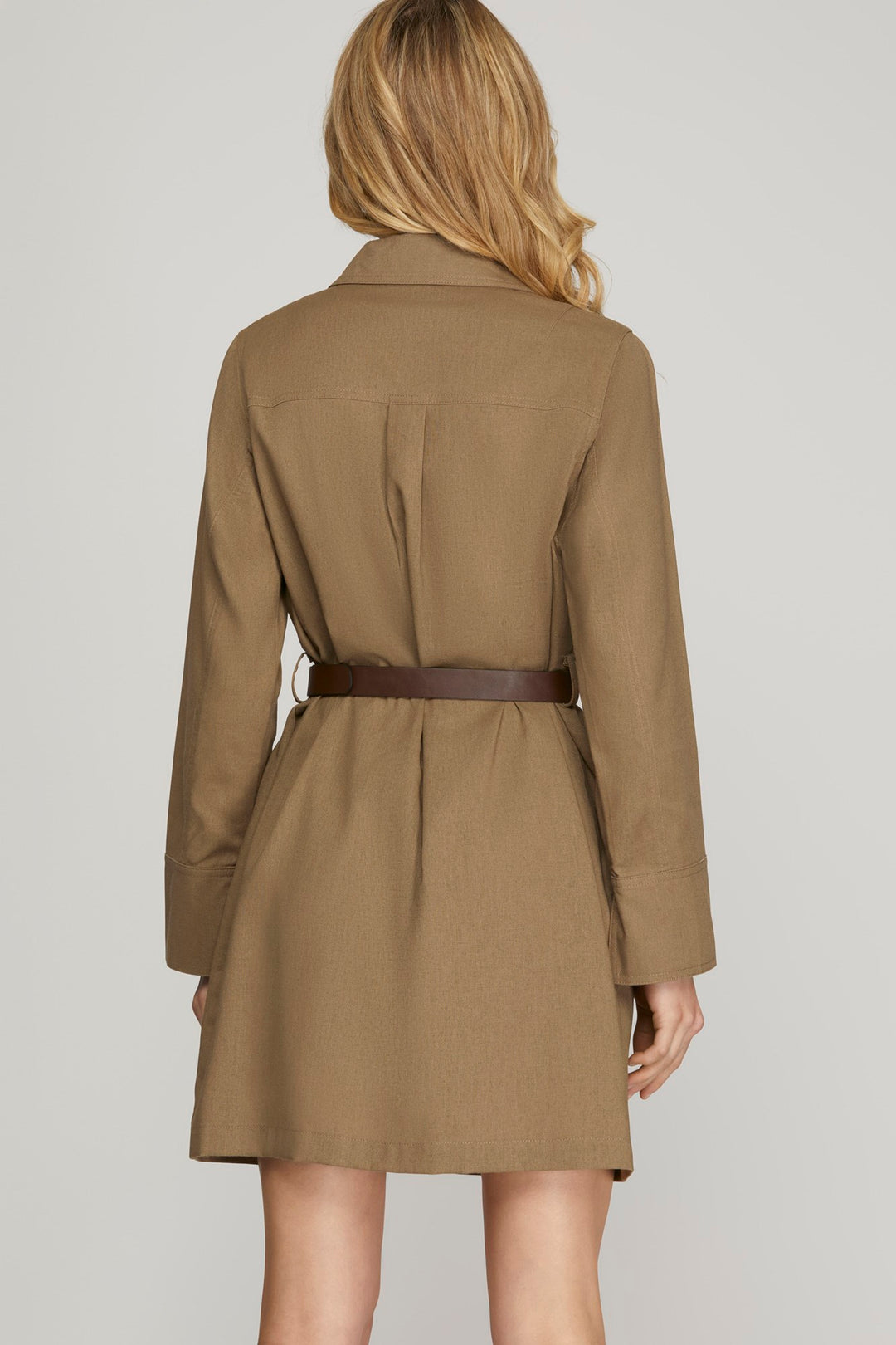 LONG SLEEVE WOVEN UTILITY DRESS WITH BELT