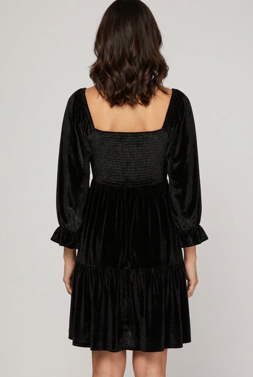 3/4 SLEEVE VELVET TIERED DRESS WITH SEQUINS-SKSY7569
