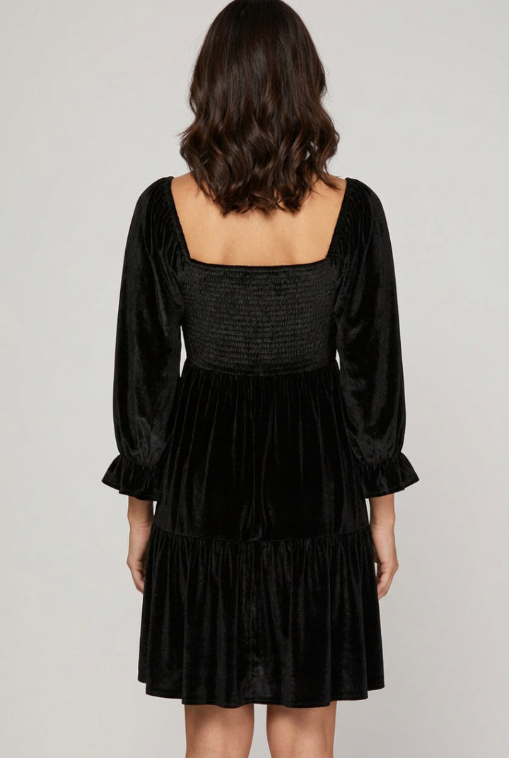 3/4 SLEEVE VELVET TIERED DRESS WITH SEQUINS-SKSY7569
