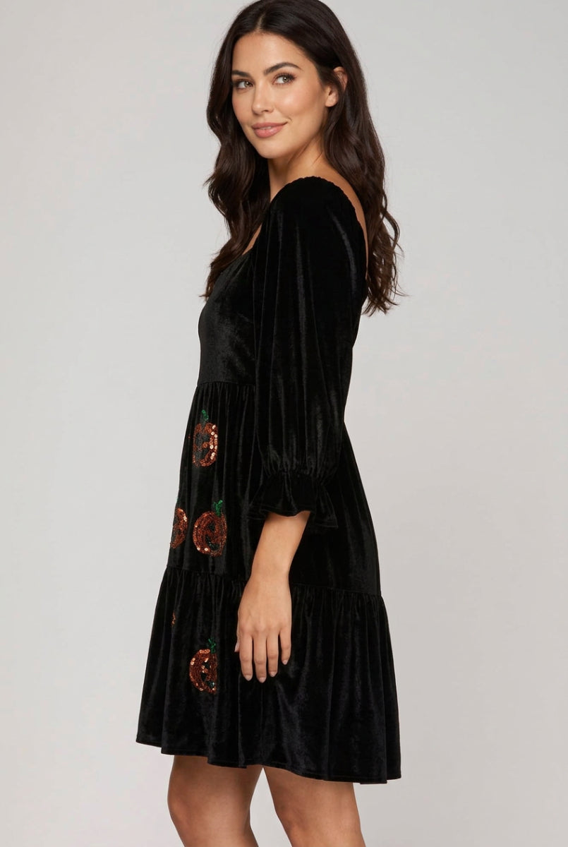 3/4 SLEEVE VELVET TIERED DRESS WITH SEQUINS-SKSY7569