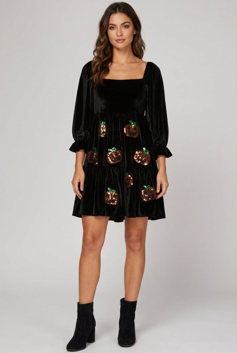 3/4 SLEEVE VELVET TIERED DRESS WITH SEQUINS-SKSY7569