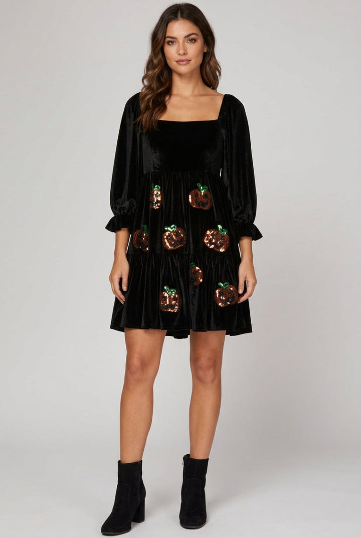 3/4 SLEEVE VELVET TIERED DRESS WITH SEQUINS-SKSY7569