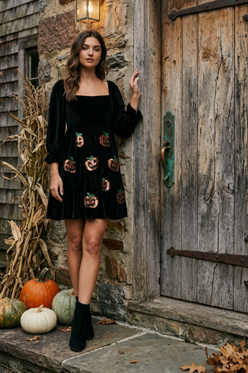3/4 SLEEVE VELVET TIERED DRESS WITH SEQUINS-SKSY7569