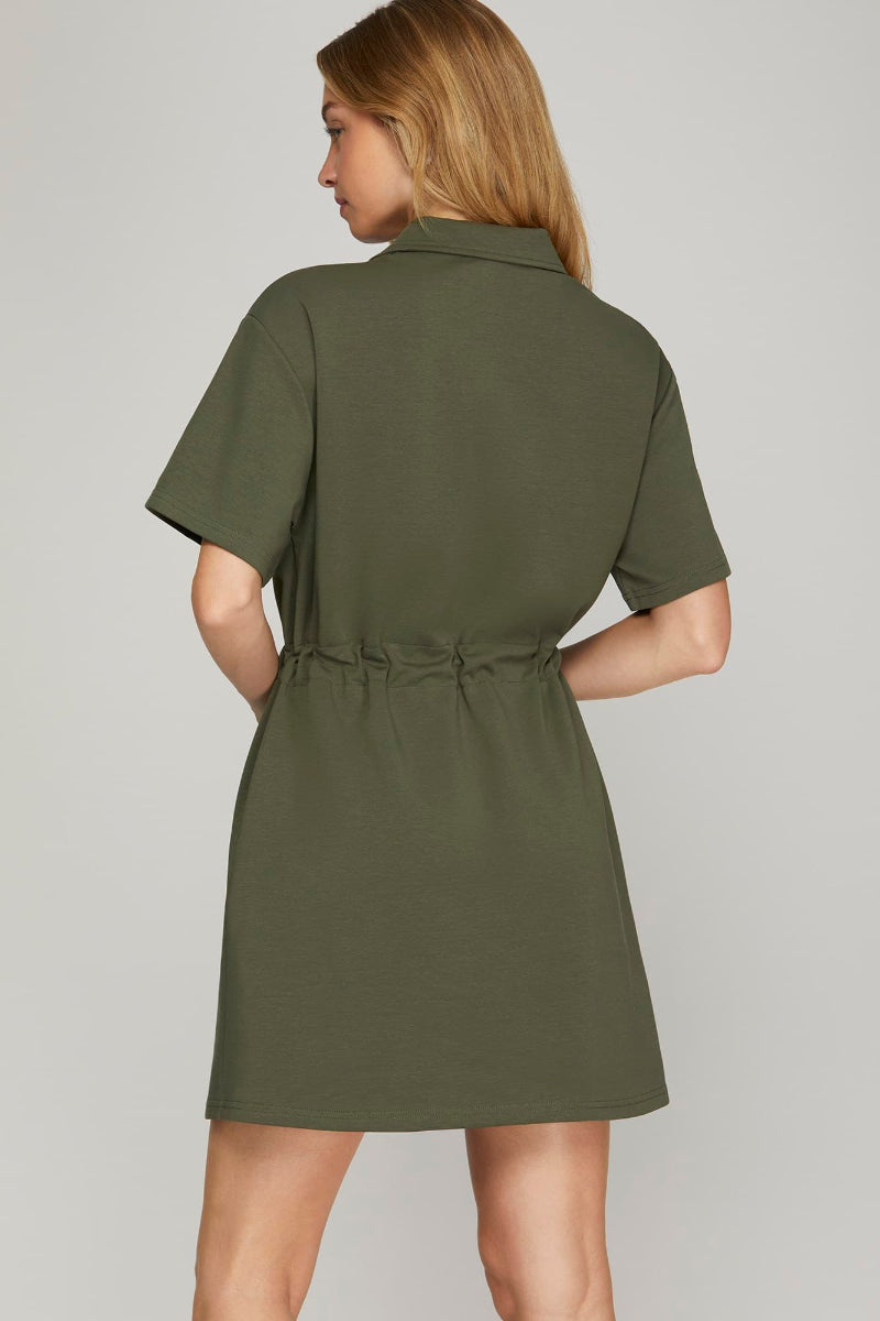 HALF ZIP DRAWSTRING WAIST SCUBA KNIT DRESS SKSY7584