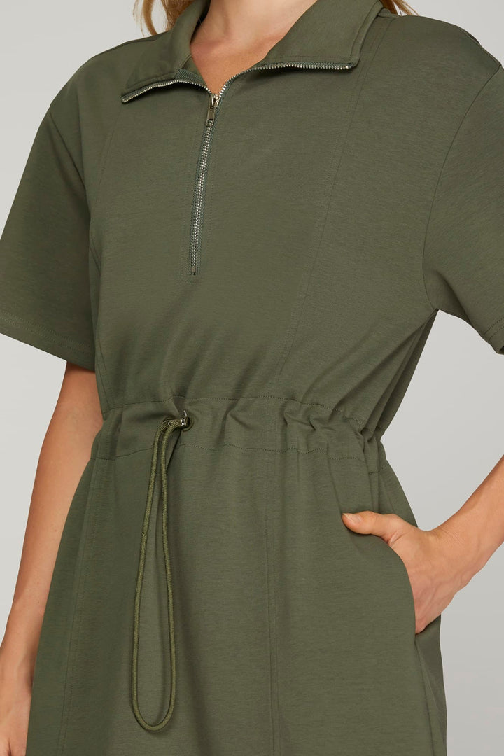 HALF ZIP DRAWSTRING WAIST SCUBA KNIT DRESS SKSY7584