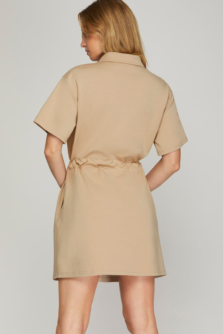 HALF ZIP DRAWSTRING WAIST SCUBA KNIT DRESS SKSY7584