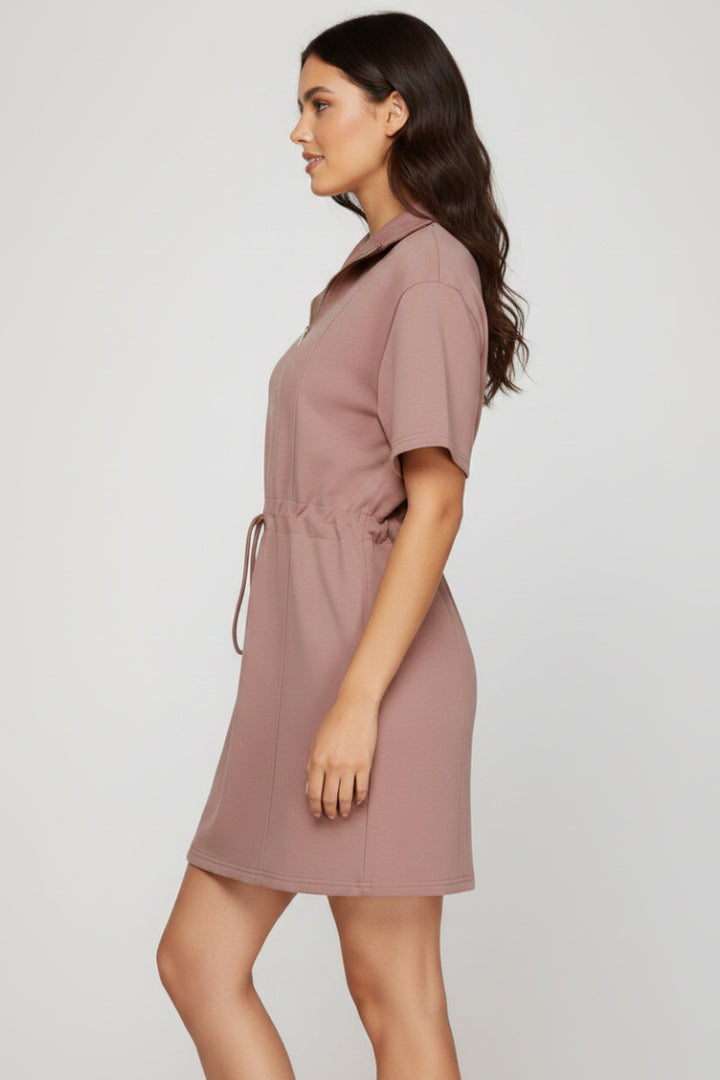 HALF ZIP DRAWSTRING WAIST SCUBA KNIT DRESS SKSY7584