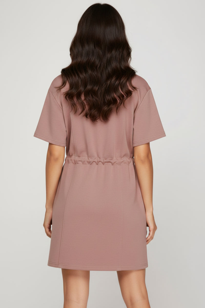 HALF ZIP DRAWSTRING WAIST SCUBA KNIT DRESS SKSY7584