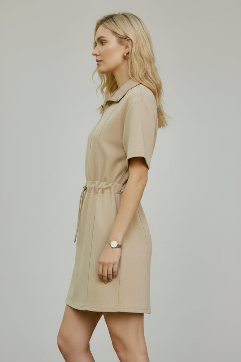 HALF ZIP DRAWSTRING WAIST SCUBA KNIT DRESS SKSY7584