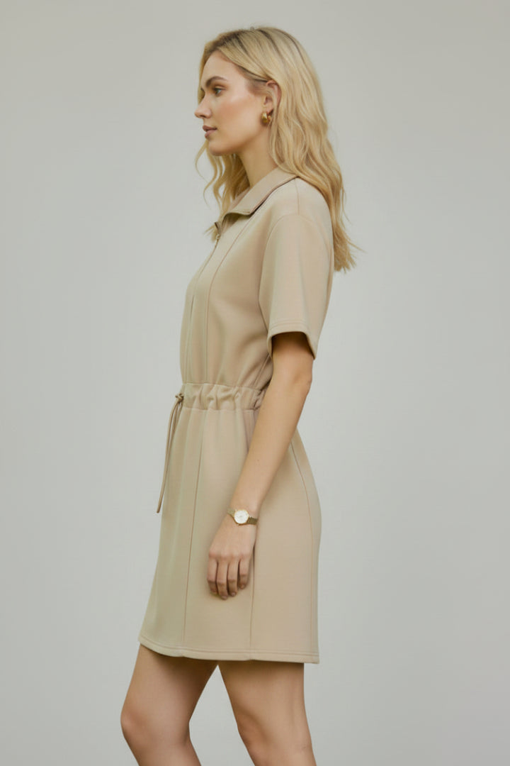 HALF ZIP DRAWSTRING WAIST SCUBA KNIT DRESS SKSY7584