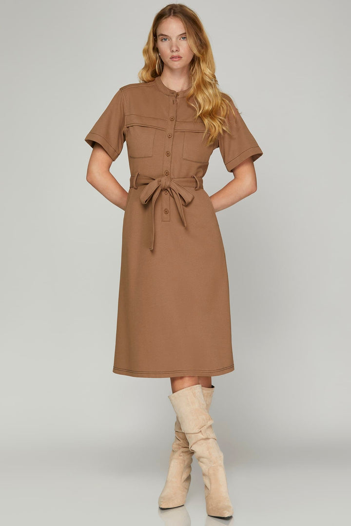 SHORT SLEEVE KNIT BUTTON DOWN MIDI DRESS WITH STITCHING DETAIL AND POCKETS
