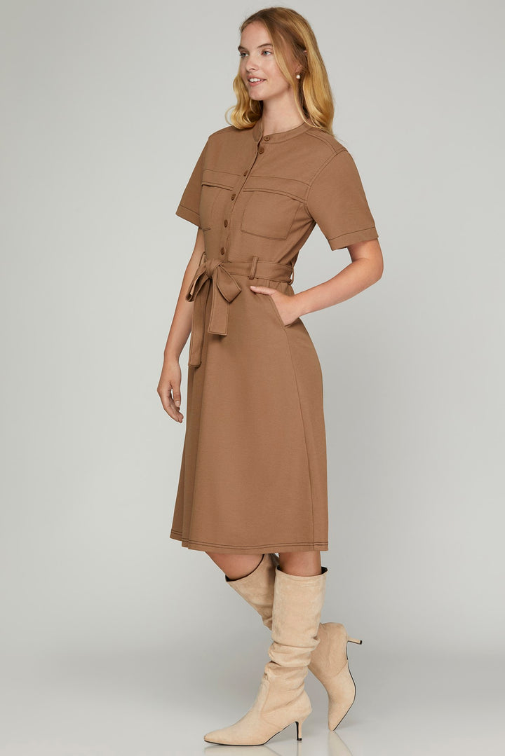 SHORT SLEEVE KNIT BUTTON DOWN MIDI DRESS WITH STITCHING DETAIL AND POCKETS