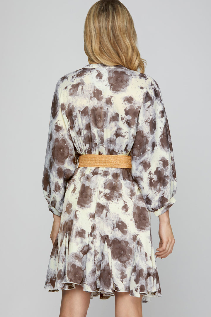 3/4 SLEEVE BUTTON DOWN PRINTED WOVEN FLARED DRESS WITH BELT