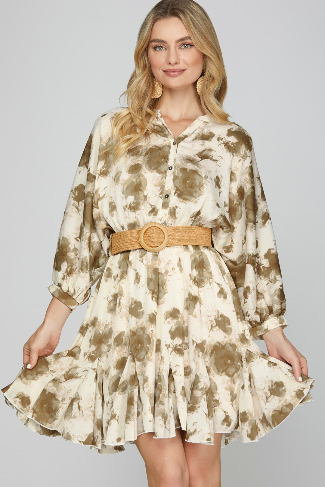3/4 SLEEVE BUTTON DOWN PRINTED WOVEN FLARED DRESS WITH BELT