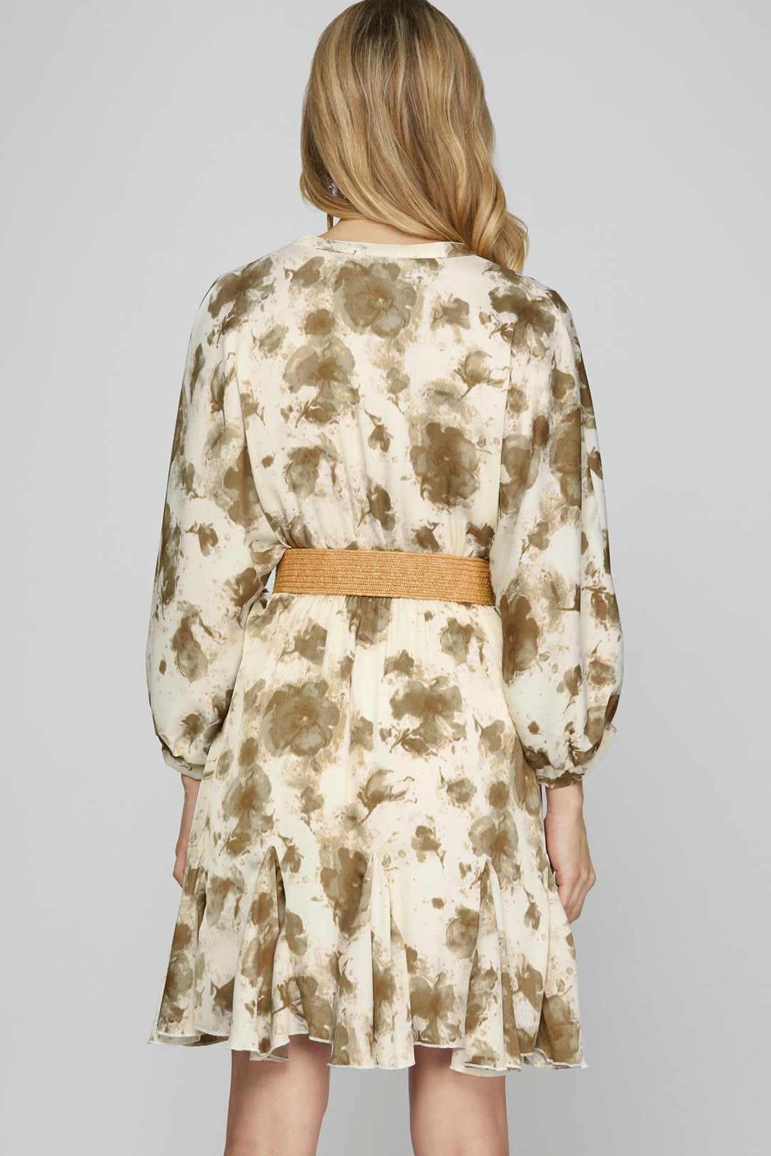 3/4 SLEEVE BUTTON DOWN PRINTED WOVEN FLARED DRESS WITH BELT