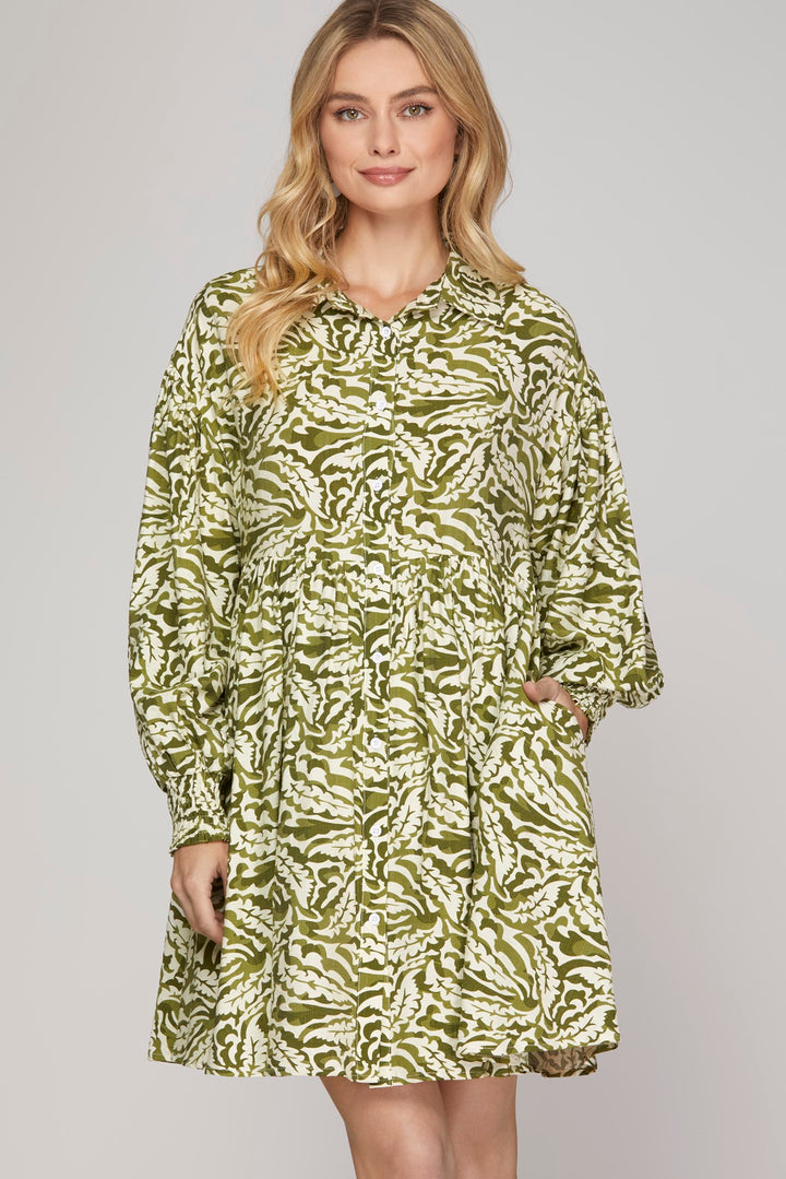 LONG SLEEVE BUTTON DOWN SIDE POCKET PRINTED DRESS