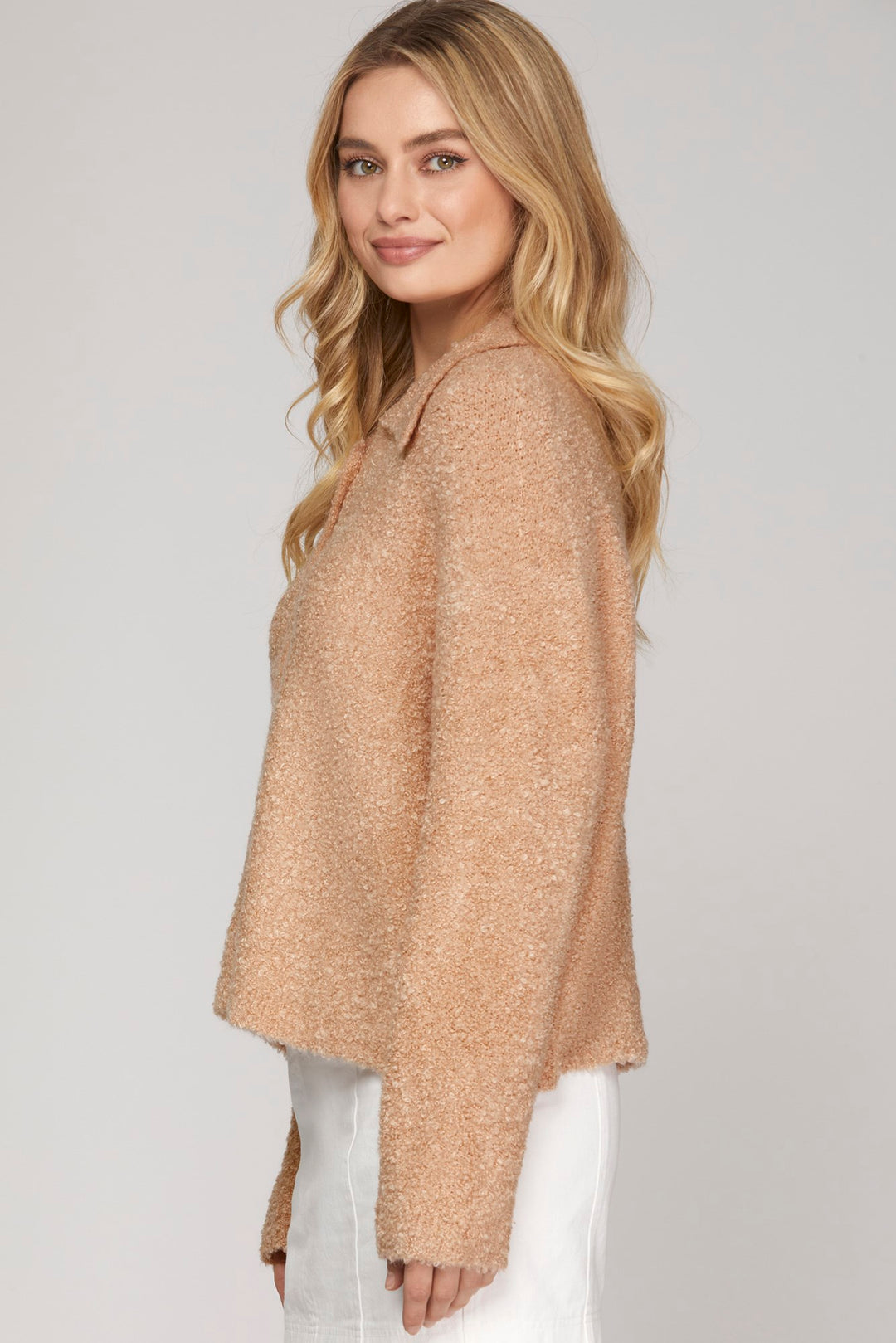 LONG SLEEVE COLLARED BUTTON DOWN SWEATER TOP